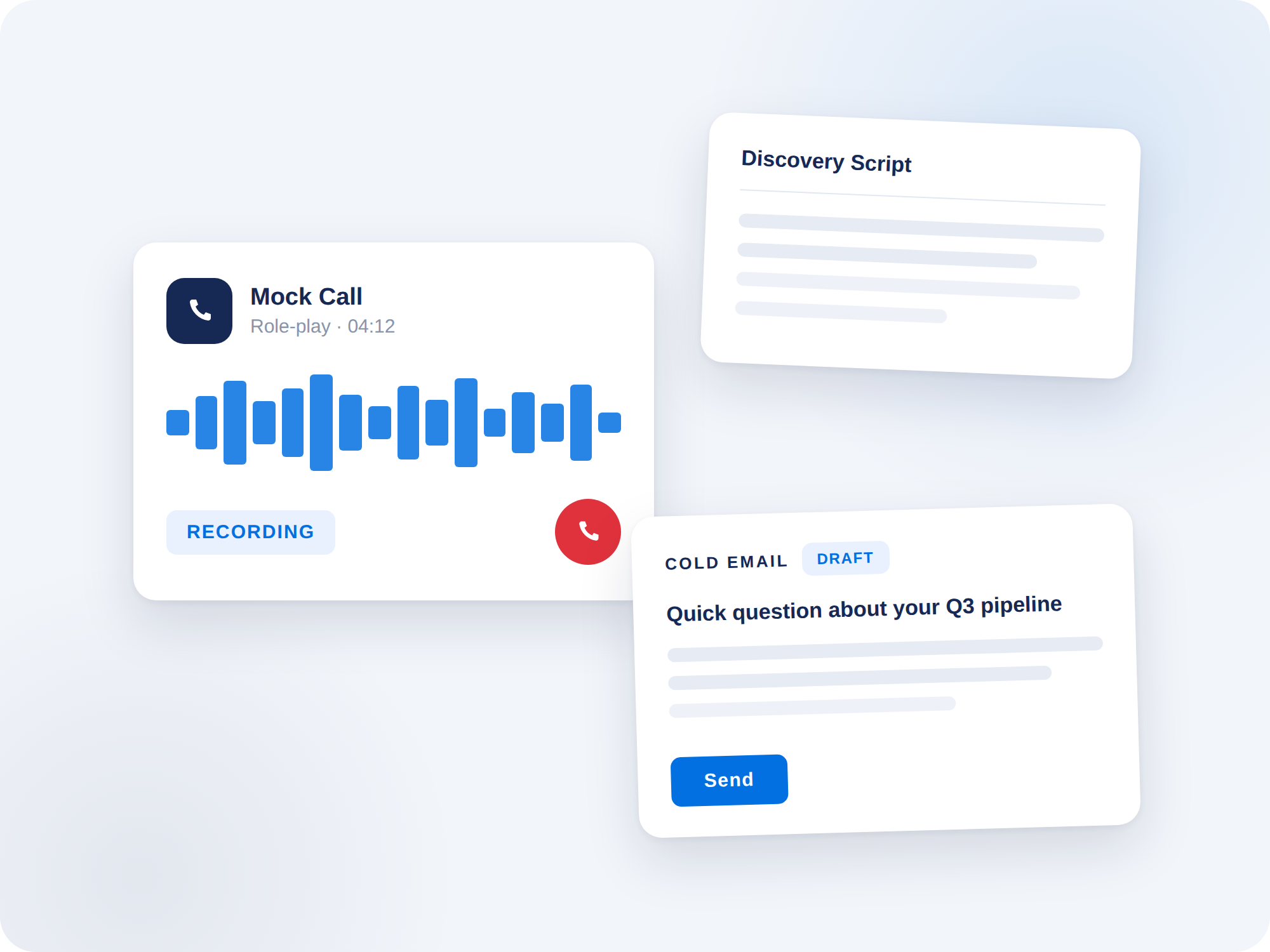 Mock sales call practice with a cold email draft and discovery script